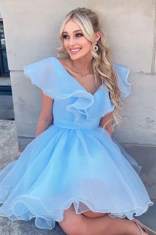 Sky Blue Ruffles Homecoming Dress