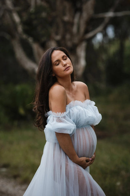 long blue maternity dress with sleeves​