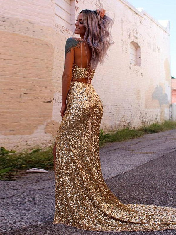 Mermaid Two Pieces Sequin Side Slit Prom Dress V Neck Long Party Dress vivymakudress