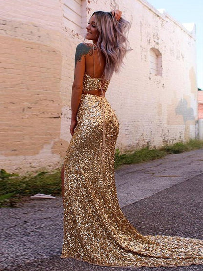 mermaid Gold Two-Pieces Sequins Prom Dress
