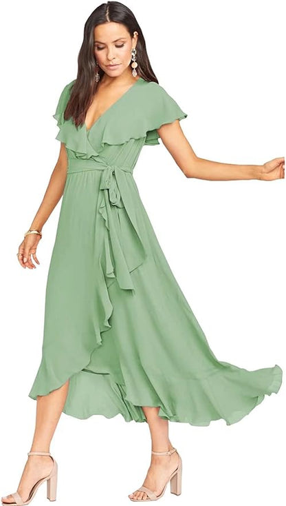 Pleated Chiffon High Low Midi Dress Chiffon Bridesmaid Dresses VMB38