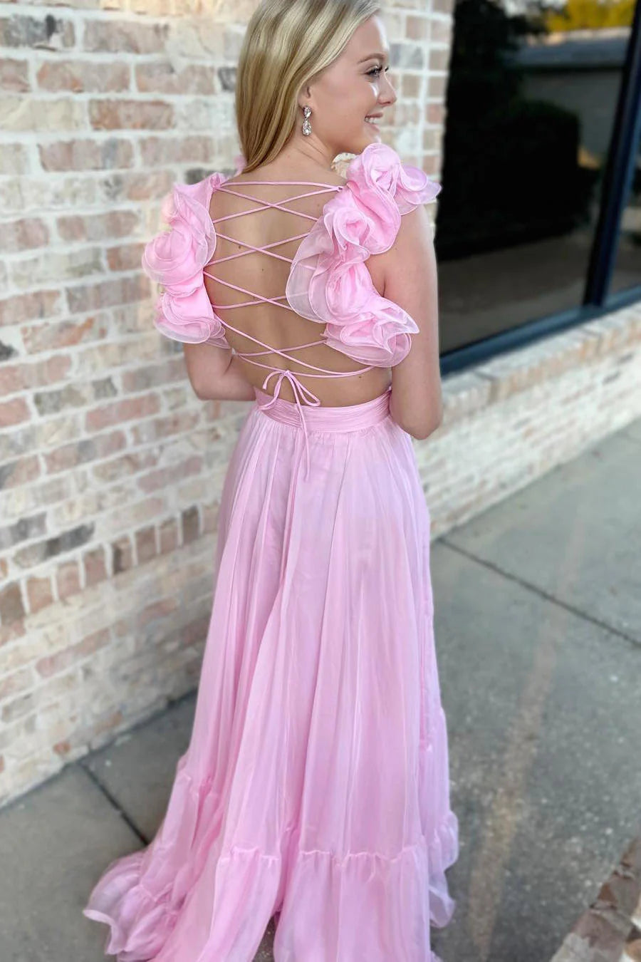  A-line long prom dress with lace-up back