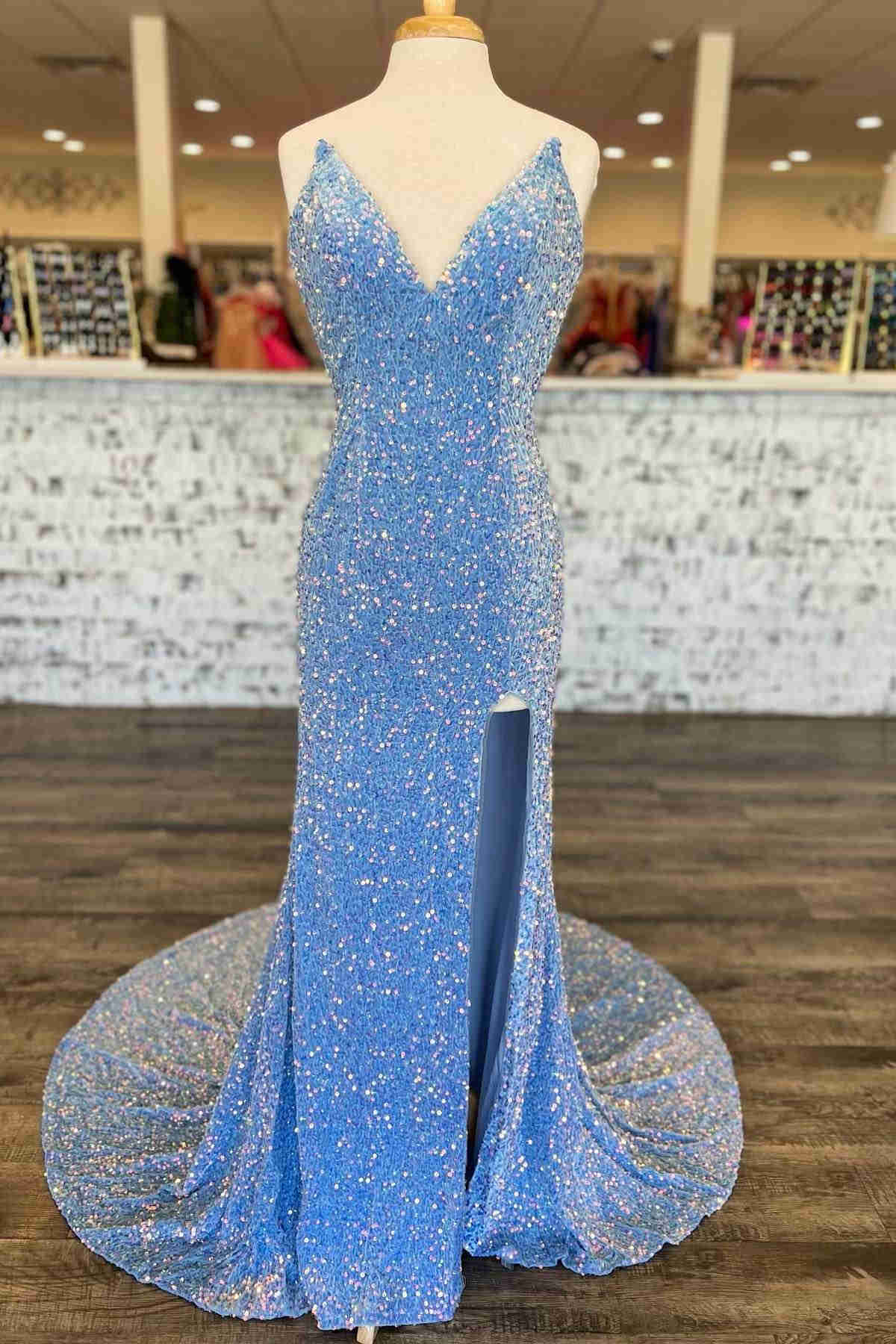 Light Blue Sequin Prom Dress With Slit