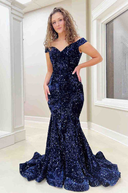 navy blue mermaid prom dress