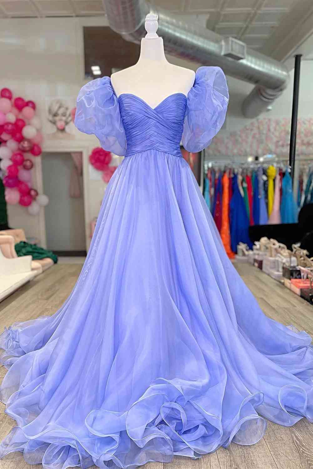 Puff Sleeves Prom Dress Pleated