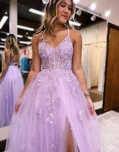 Tulle Spaghetti Strap Side Slit Lace Prom Dresses VMP158