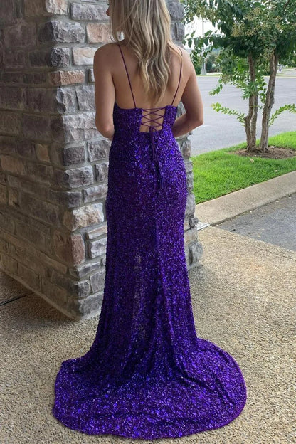 open back Purple Sequins Long Formal Dress with Slit