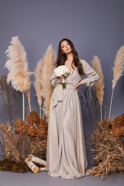 Robe de bal à manches bouffantes et paillettes pour femme, longue avec fente, robe de soirée formelle