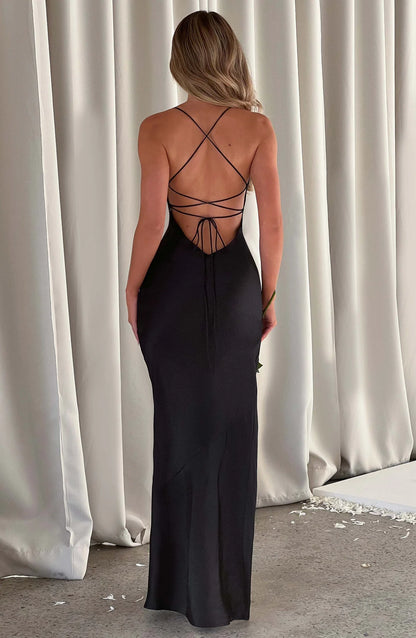 black floor length prom gown