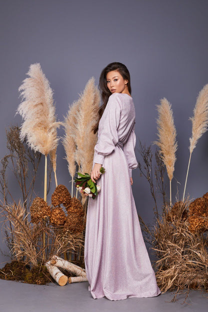 Robe de bal à manches bouffantes et paillettes pour femme, longue avec fente, robe de soirée formelle