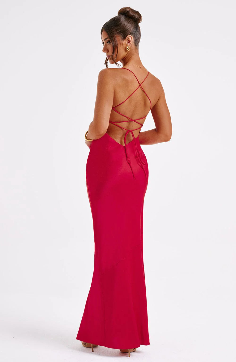 red open back party gown