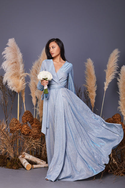 sky blue glitter long sleeve prom dress a line