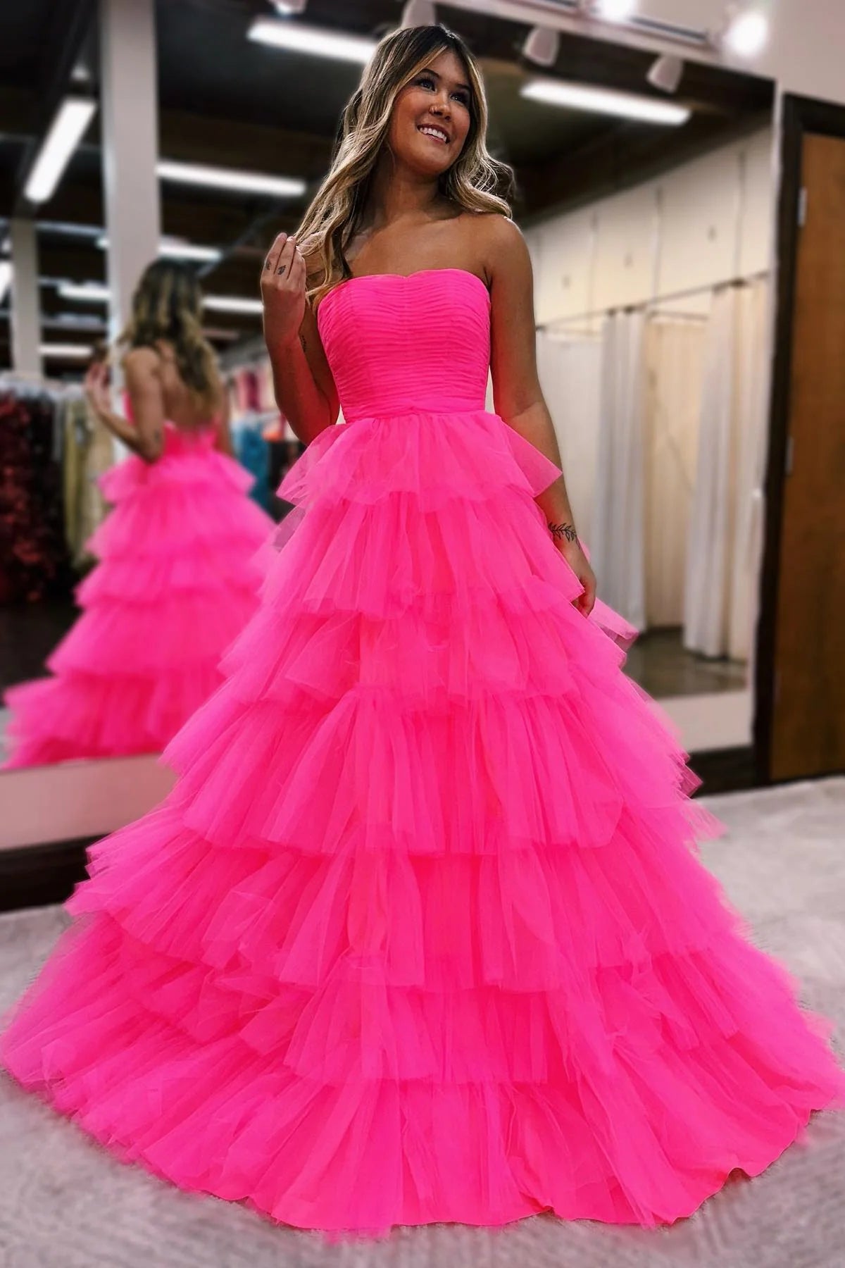 Strapless Pleated Multi-Layers Tulle Prom Dress VMP148