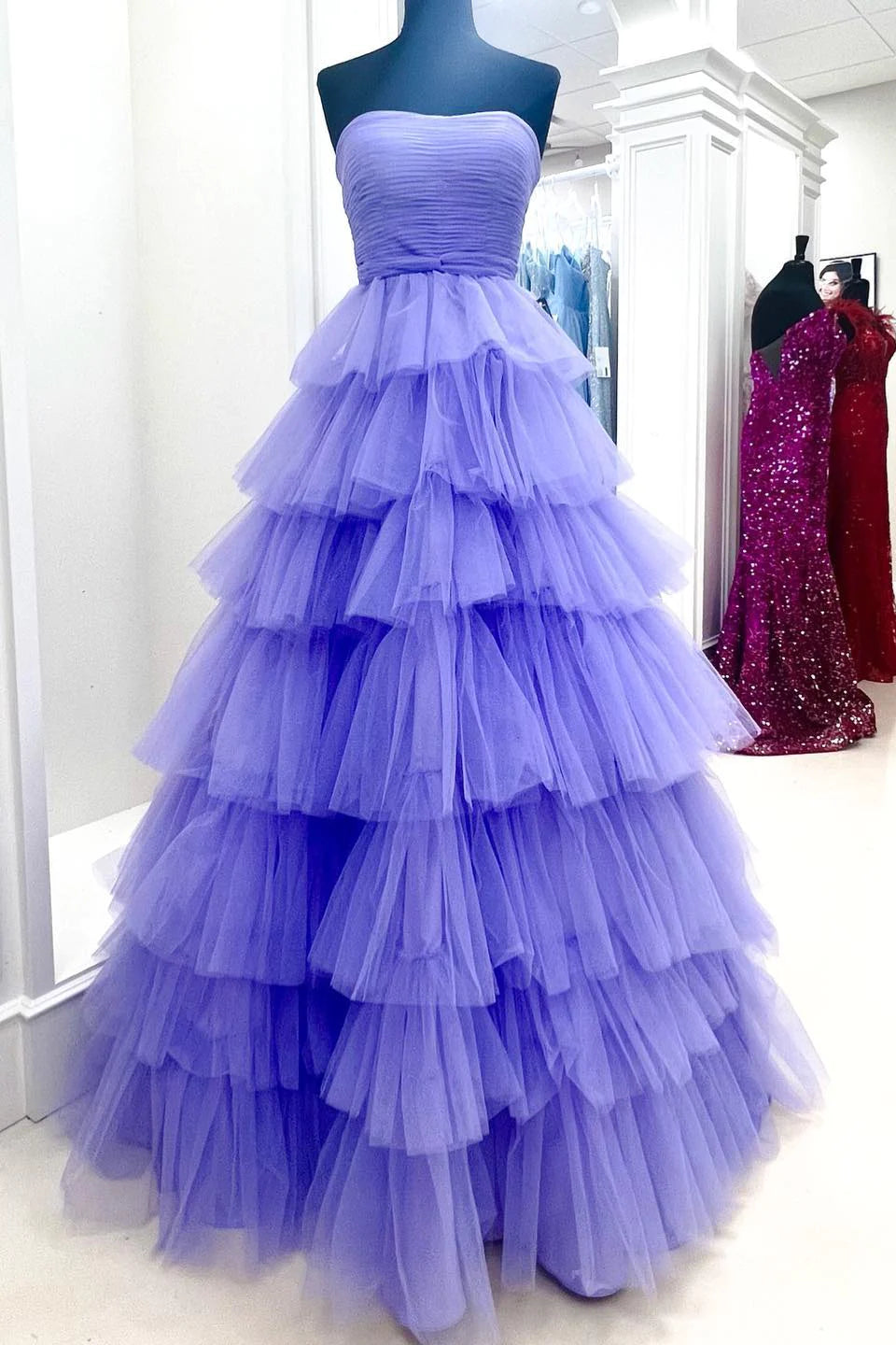 Strapless Pleated Multi-Layers Tulle Prom Dress VMP148