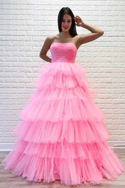 Strapless Pleated Multi-Layers Tulle Prom Dress VMP148