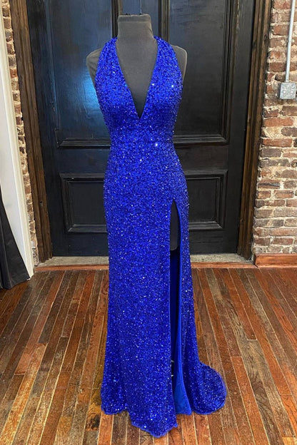 Royal Blue Halter Neckline Sequins Prom Dress
