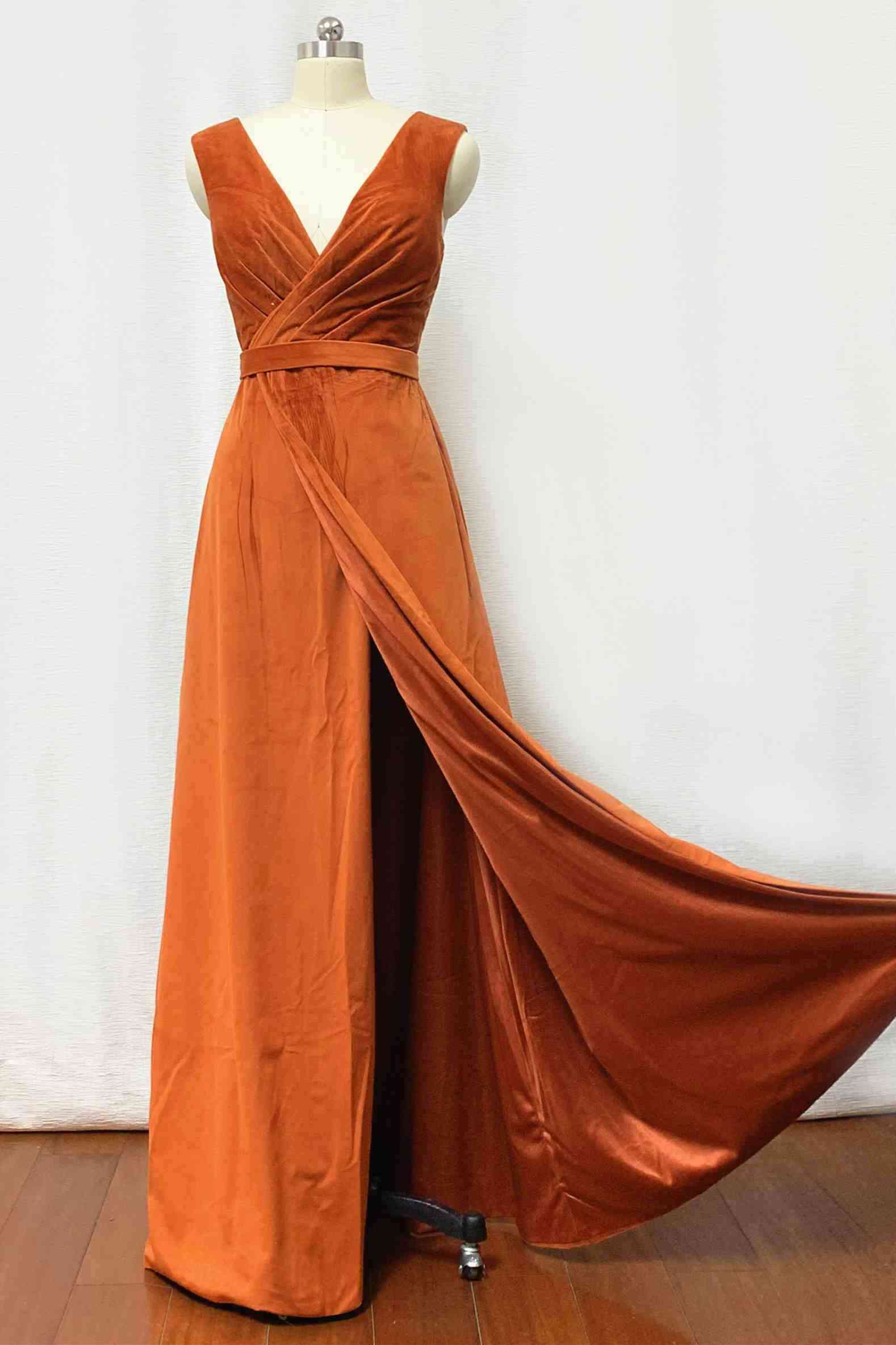 Burnt Orange Velvet Bridesmaid Dress Pleated A line Bridesmaid Dress –  vivymakudress