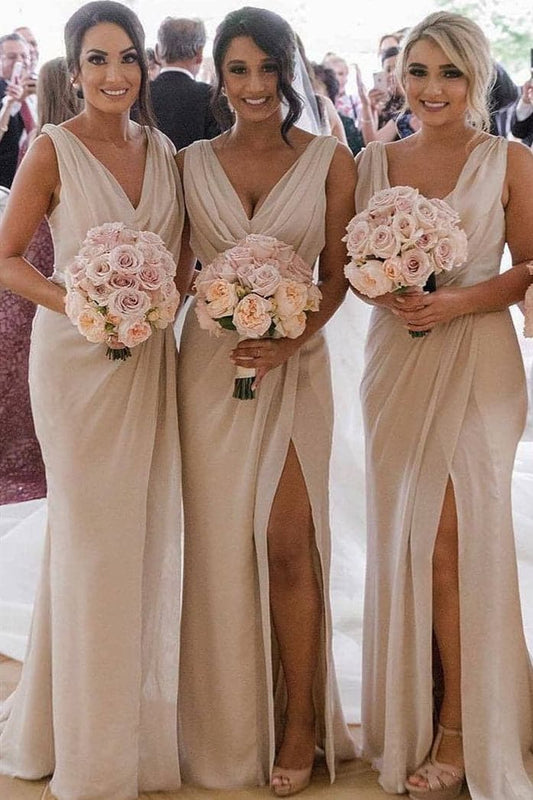 Cowl Neck Mermaid Nude Bridesmaid Dress with Slit VMB33