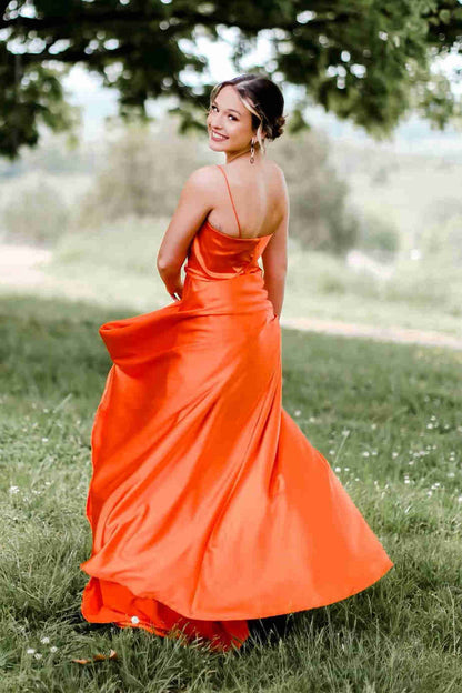 Cowl Neck Satin Formal Dress With Slit VMP122