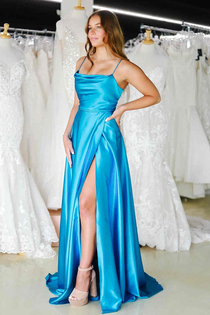 Cowl Neck Satin Formal Dress With Slit VMP122