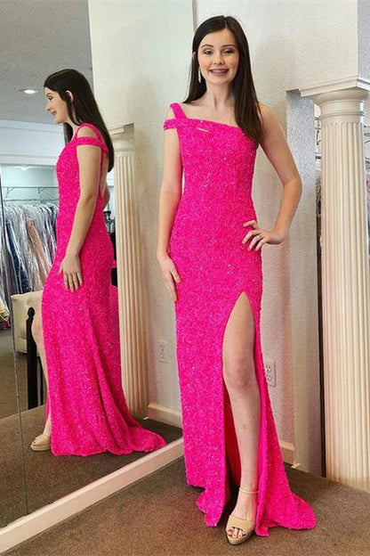 hot pink glitter prom dress