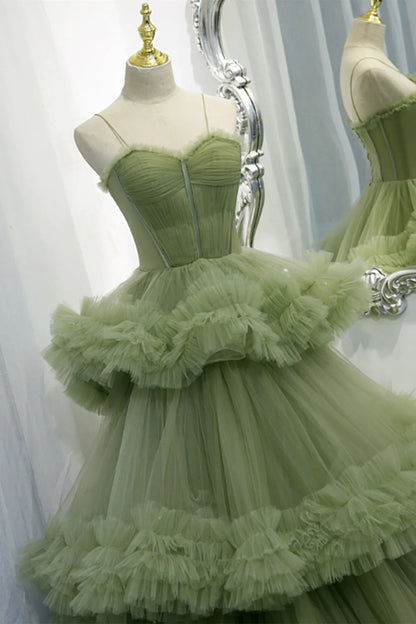 Elegant Straps Pleated Green Tiered Tulle Formal Dress VMP100