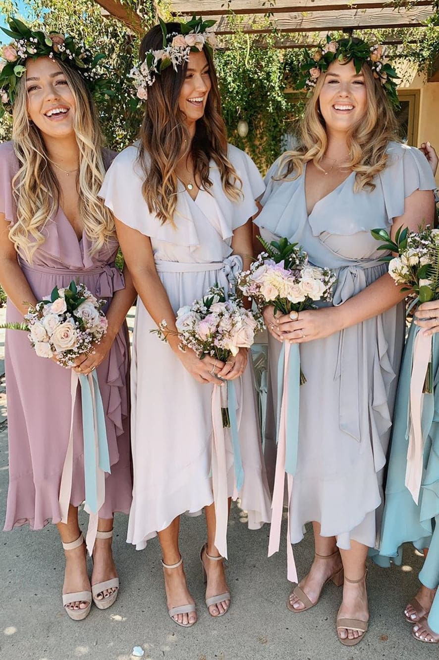 Tea-Length Ruffles Asymmetrical Chiffon Bridesmaid Dresses