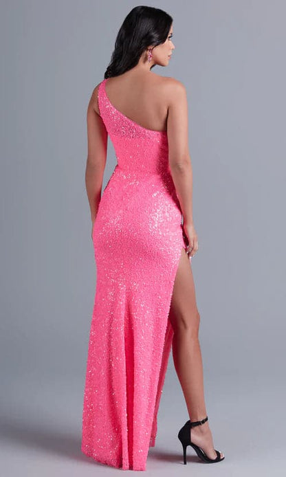 Robe de bal à paillettes rose vif, asymétrique épaule dénudée, VMP80