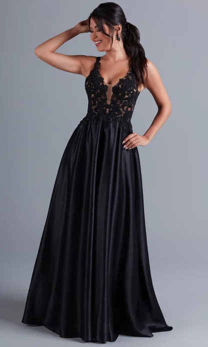 Lace Bodice Long Black A Line Prom Dress VMP75