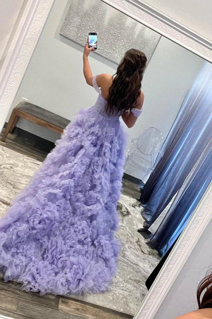 Lavender Off-the-Shoulder Ruffle Layers Prom Dress VMP145