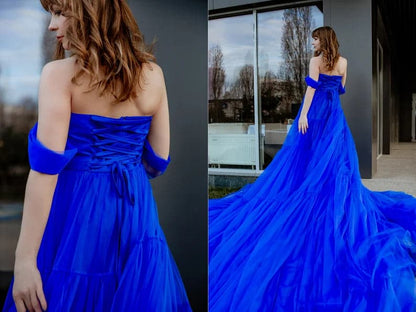 Royal blue off the shoulder prom dress