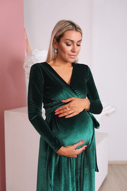 Robe en velours vert émeraude avec traine