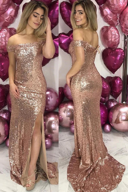 Off Shoulder Rose Gold Sequin Evening Dress with Slit VMP89