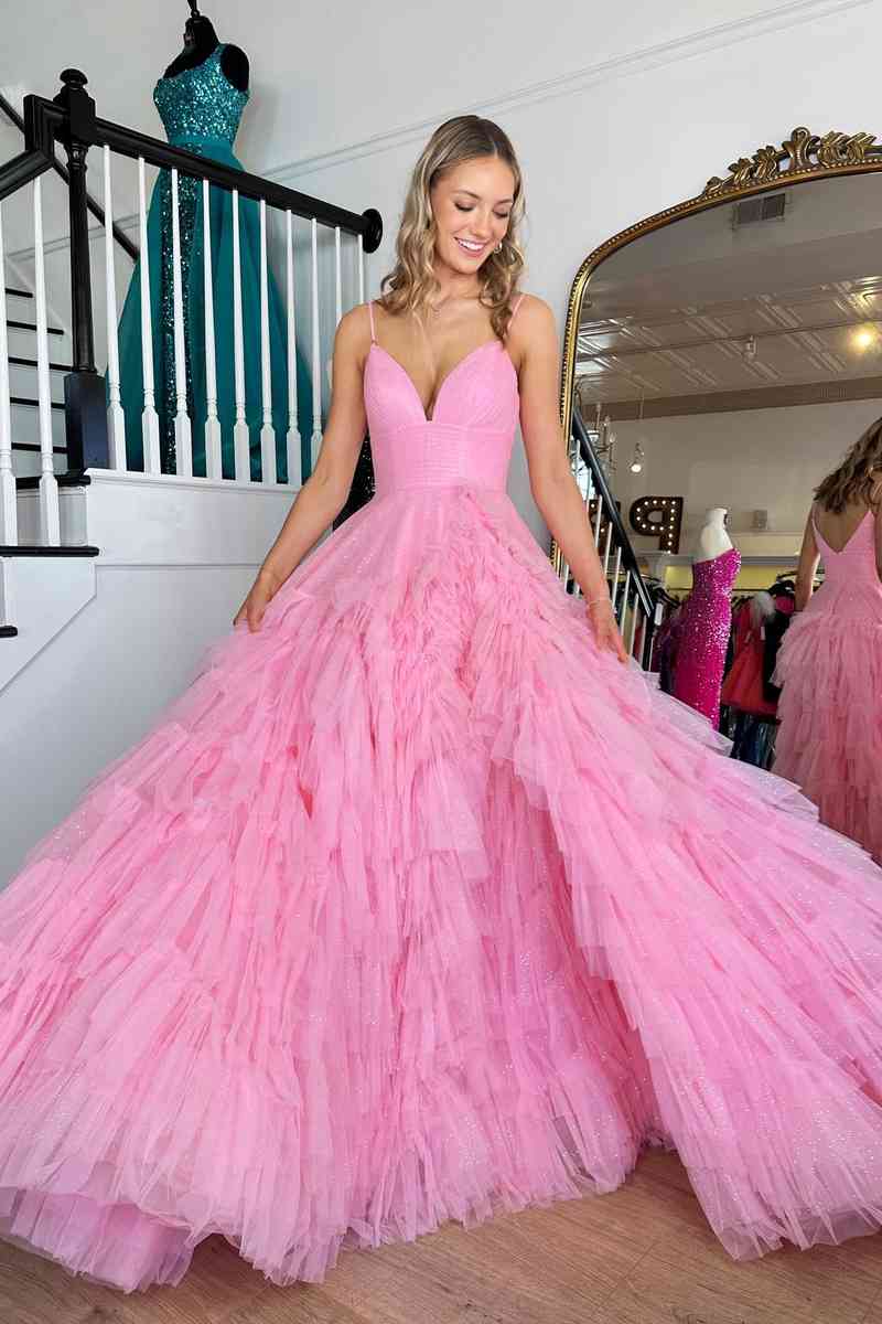 Hot pink long prom on sale dress