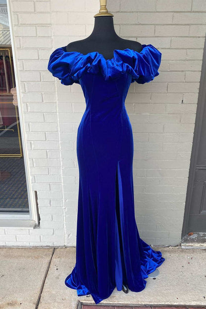 Off The Shoulder Royal Blue Formal Dress With Slit VMP95