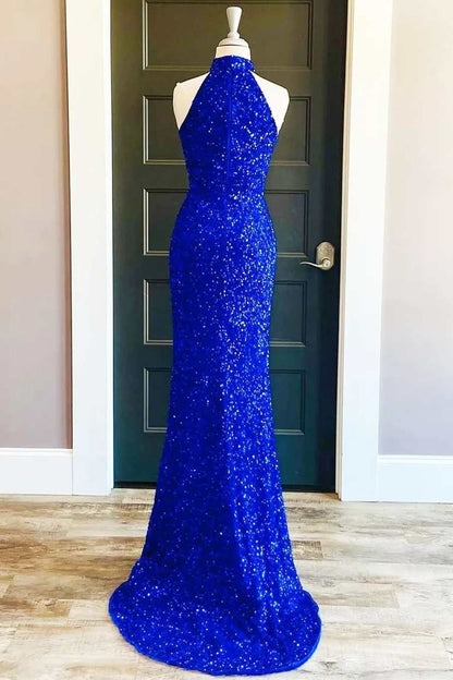 Robe de soirée longue bleu royal à paillettes et col haut avec fente VMP91