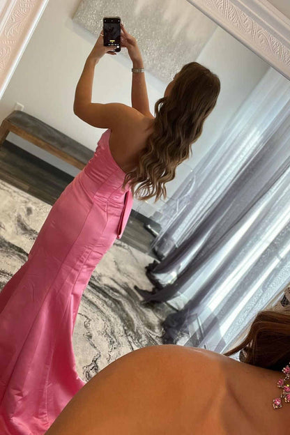 Off Shoulder Pink Satin Prom Dresses With Slit VMP90