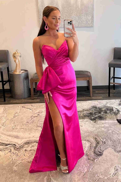 Off Shoulder Pink Satin Prom Dresses With Slit VMP90