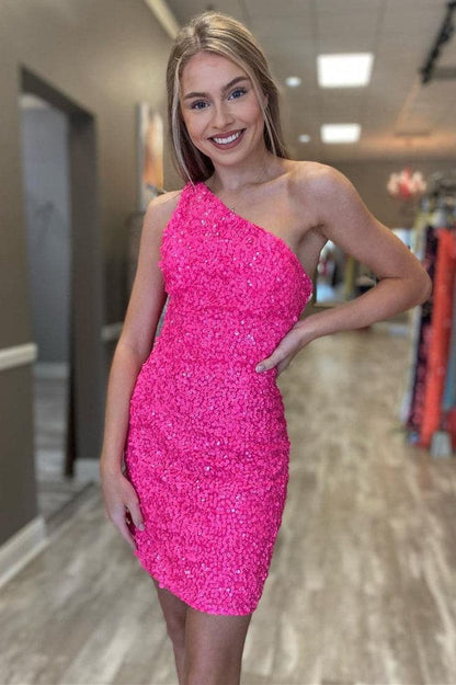 Hot Pink One Shoulder Sequin Homecoming Dress