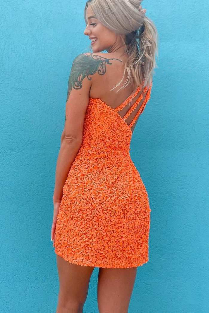 Orange One Shoulder Sequin Homecoming Dress