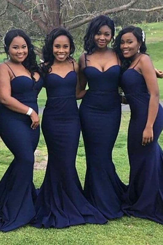 Spaghetti Straps Navy Blue Mermaid Bridesmaid Dress VMB59