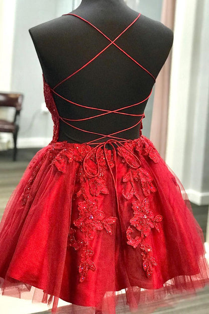 Lace Appliqued Red Short Homecoming Dress VMH22