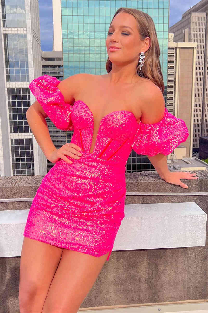 Sweetheart Puff Sleeves Hot Pink Tight Homecoming Dress Cocktail Dress –  vivymakudress