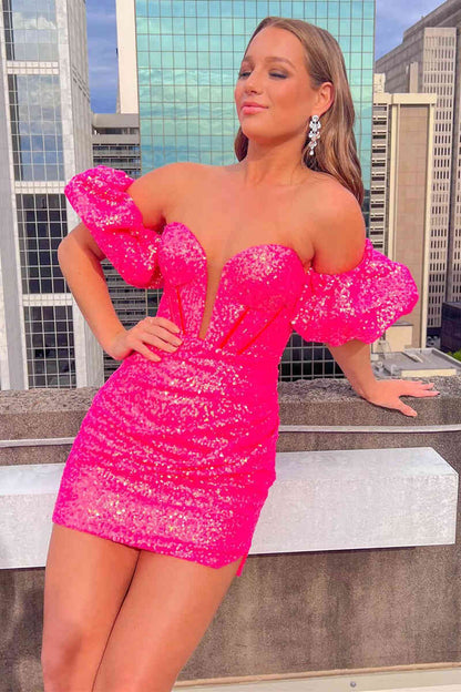 Puff Sleeves Hot Pink Homecoming Dress VMH26