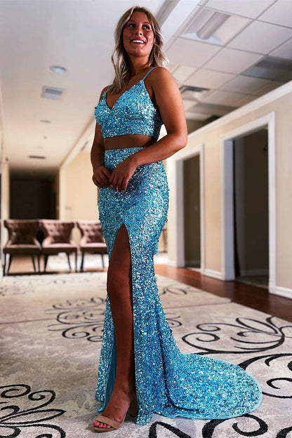 mermaid Pool Blue Two-Pieces Sequins Prom Dress