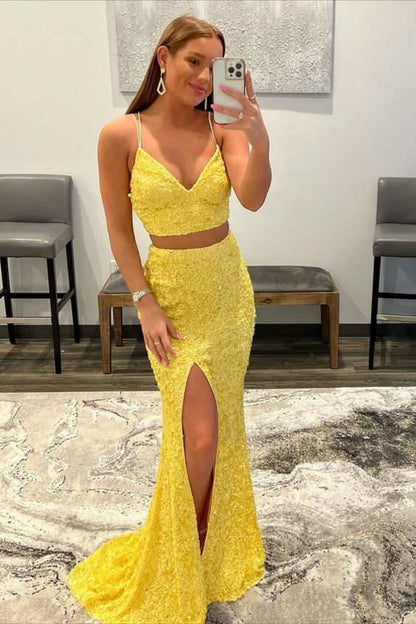 yellow prom dress mermaid Two-Pieces Sequins Prom Dress
