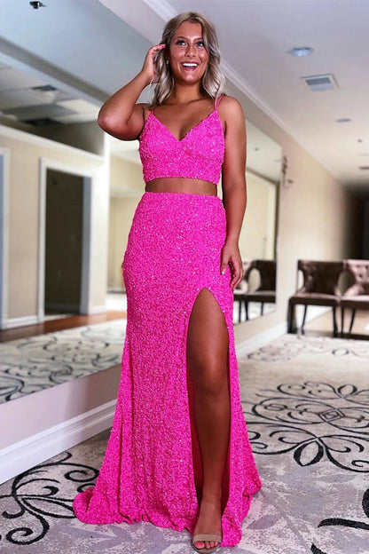 mermaid Hot Pink Two-Pieces Sequins Prom Dress