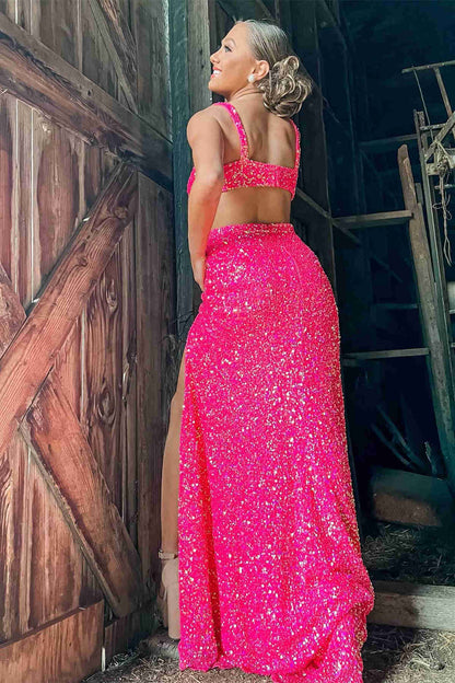 Hot Pink Sequined Prom Dress With Slit VMP110