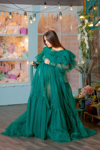 Robe de maternité en tulle vert émeraude pour séance photo VMR26